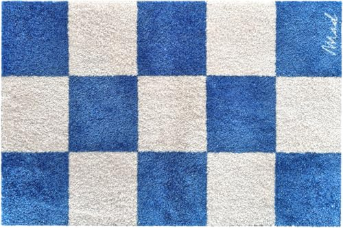Mad about Mats Fußmatte für Innen, Karo Design, grob Kariertes Muster in blau, geeignet als Türvorleger, Küchenteppich Badvorleger, passender Läufer Feldermuster, rutschfest & waschbar 50 x 75 cm