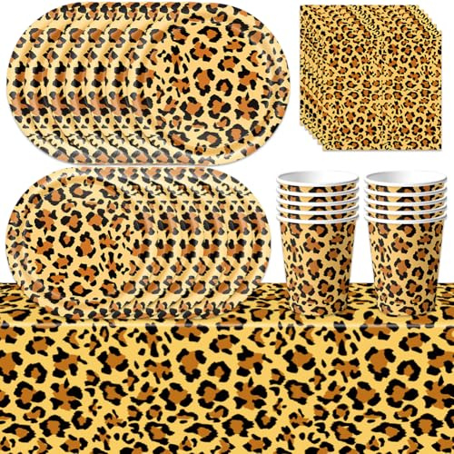 Cheetah Birthday Party Decoration,Leopard Print Birthday Tableware Set，Tablecloth,Plates,Cups,Tissues, Beast Leopard Birthday Party Decorations-10 person (leopard print)