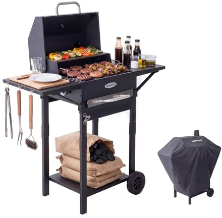 HOMAVO Holzkohlegrill mit Deckel, Grillwagen BBQ Smoker, Grillfläche: 45×32 cm, Seitentisch, Temperaturanzeige, Mit Grillabdeckungen Wasserfest