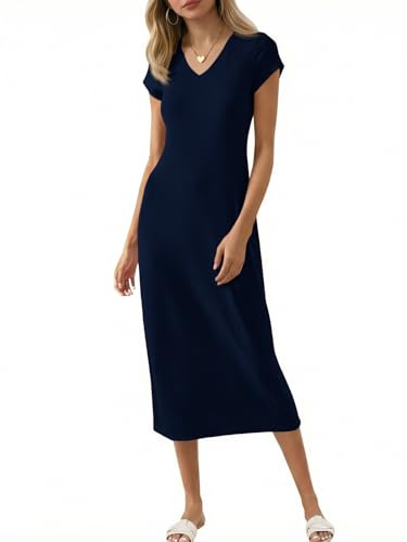 Wenrine Damen Kurzarm Midi Kleid V Ausschnitt Lange Kleider Einfarbige Sommer T-Shirt Kleid