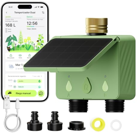 EZAIoT Programador Riego WiFi 2 Vías Solar, Programador de Riego Conectado con Caudalímetro, Sin Hub, Entrada de Agua de Latón, Riego Automático para Jardín (App/Alexa)