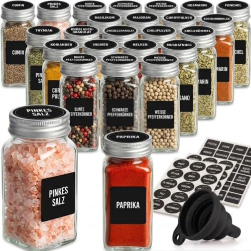 ZEBEN® Gewürzgläser 120ml Set 25 Stück mit Etiketten, Leere Gewürzdosen mit Deckel, Trichter & Reinigungsbürste, Aufkleber zum Beschriften für Küche, Vorratsschrank & Gewürzregal