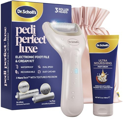 Dr. Scholl's Pedi Perfect Luxe-Electric Foot File & Ultra Nourishing Cream Pedicure Kit,Removes Hard Skin for Soft Smooth Feet,Waterproof, Rechargeable with 90-Minute Run Time,Includes x3 Roller Heads