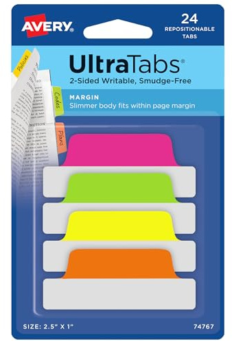Avery Margin Ultra Tabs, 2.5 x 1, 2-Side Writable, Assorted Neon Color, 24 Repositionable Page Tabs (74767)