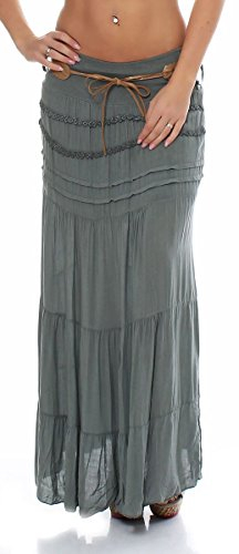 Malito – Rock Damen bodenlang aus Baumwolle mit elegantem Strickmuster & Kunstleder Gürtel – Maxi Rock lang mit breitem Bund – Luftiger Sommerrock 1116 (Oliv 34-40)