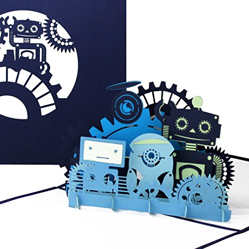 Pop Up Karte „Funny Robots“ - lustige Roboter 3D Grußkarte als Geburtstagskarte, Gutschein, Einladungskarte - als Geschenkgutschein oder Geschenk zu Kindergeburtstag & Einschulung