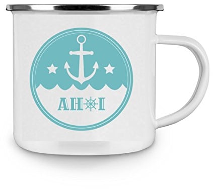Crealuxe Emaille Tasse Ahoi (1)  - Kaffeetasse mit Motiv, Campingtasse, bedruckte Emailletasse mit Wunschtext