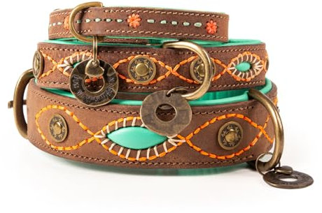 Dog with a Mission - Hundehalsband L | Braun, Mint, Bestickt | Boho, Ethno, Urban, Hippie | Große Hunde | Handgemacht | Modisch und Bunt | Aus weichem Echtes Leder | 4 cm Breit