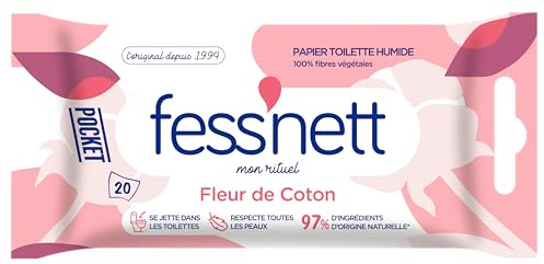 Fess Nett - Papier Toilette Humide Pocket Fleur de Coton x20 - Formule testée dermatologiquement 0% parabène 0% phenoxyethanol - Pour peaux normales à sensibles