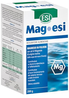 ESI, Mag-ESI Integratore Alimentare di Magnesio in Polvere, Contro Stanchezza e Affaticamento Fisico, Con Sali di Mg di Origine Marina, Alta Solubilità, Senza Glutine e Vegan, 200 g