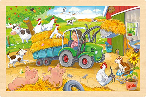 Puzzle aus Holz Einlegepuzzle Kleiner Traktor goki 24 Teile Bauernhof Holzpuzzle mit Palandi® Sticker