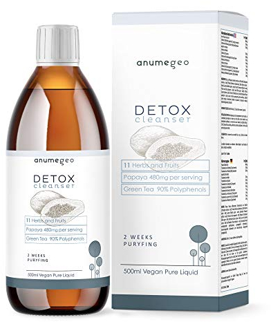 Anumegeo Detox Cleanser Vegan 11 Herbs & Fruits, Papaya, Green Tea, Guarana. Detox Tea Colon & Liver Cleanse, Diuretic, Diet Plan Support-Liquid Solution 500 ml