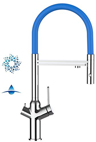 Rubinetto cucina 4 VIE per sistemi Frigogasatori e filtro acqua depuratore canna movibile e doccia staccabile 2 getti (Cromato/Blu)