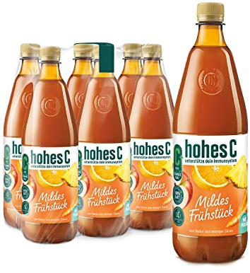 hohes C Mildes Frühstück (6 x 1l), 100% Saft, Orange, Ananas, Apfel, Acerola, Vitamin C, ohne Zuckerzusatz, weniger Säure, vegan, mit recyceltem PET