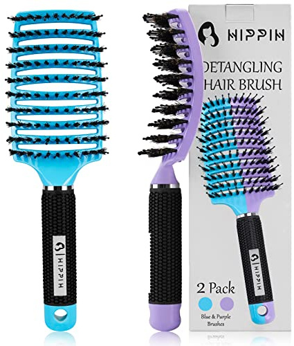 HIPPIH Boar Bristle Hair Brush Set of 2, Detangling Smoothing for Wet & Dry
