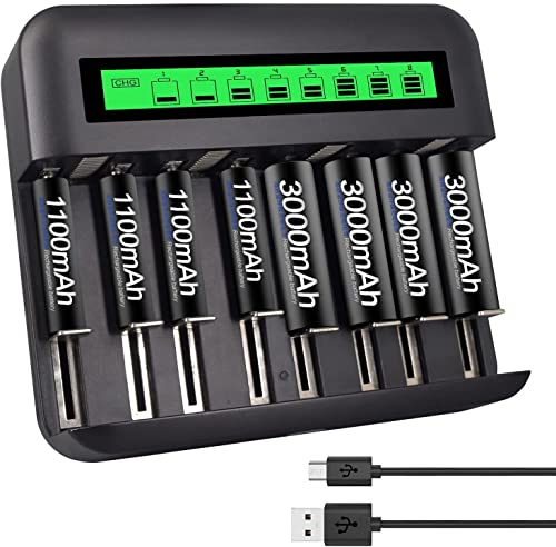 CITYORK Cargador Universal LCD para Pilas AA AAA C D, Tipo C y Entrada Micro USB, con 4 Pilas AA de 3000 mAh y 4 Pilas AAA NI-MH de 1100 mAh