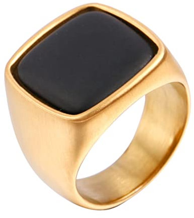 OAKKY Herren Persönlichkeit Vintage Mode Fest Kuppel Stil Quadrat Schwarz Edelstein Biker Ring Edelstahl Erklärung Ehering Gold Größe 52 (16.6)