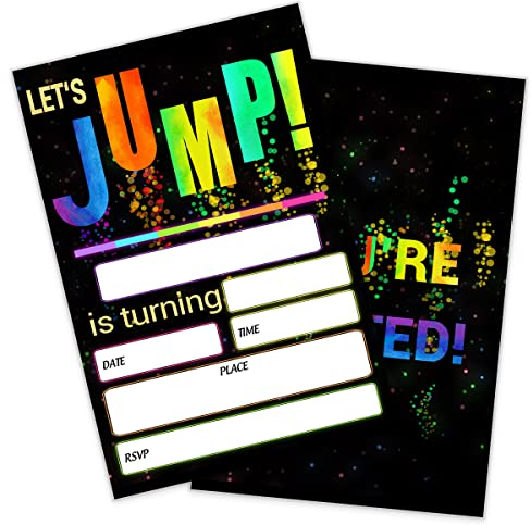 SHLINCO Let's Jump Einladungskarten für Geburtstagspartys, 10,2 x 15,2 cm, leuchtende Trampolin-Sprung-Party-Einladungskarten (20 Karten + Umschläge)
