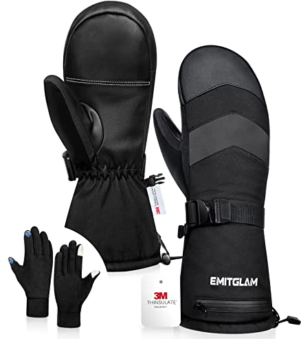 EMITGLAM 2 in 1 Winter Ski Fäustlinge für Damen & Herren mit Fleece Handschuheinlagen, wasserdichte Winter Skihandschuhe mit 3M C100 Isolierung, 5 Lagen Stoff Snowboard Fäustlinge mit Touchscreen