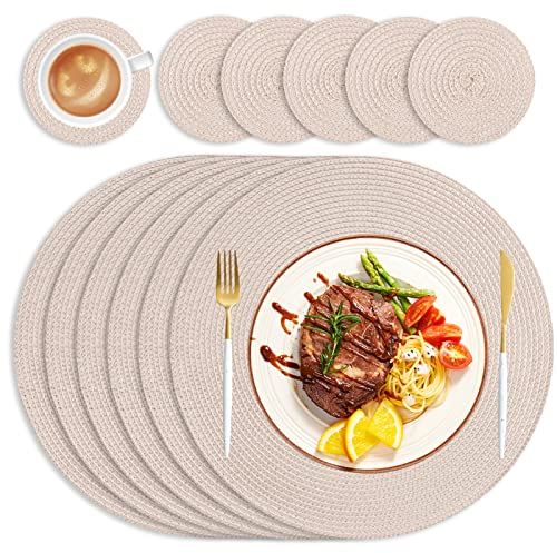 HEYOMART Runde Tischsets Platzsets Abwaschbar 6er Set Tischset Rund mit Untersetzer, 34cm Platzdeckchen Platzset Rund Platzteller Rutschfest Hitzebeständig für Küche Hochzeit Weihnacht -Platzset Beige