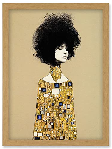 Wee Blue Coo Klimt Style Retro Boho Afro Hair Abstract Gold Dress Artwork Framed Wall Art Print A4