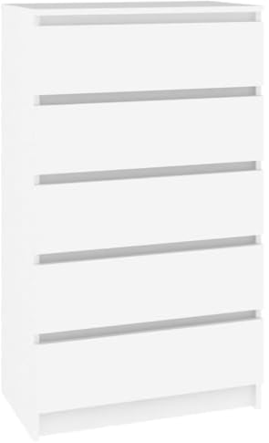 vidaXL Commode, Buffet avec 5 Tiroirs, Armoire de Rangement, Meuble de Salle de Séjour Chambre à Coucher, Moderne, Blanc Bois d'Ingénierie