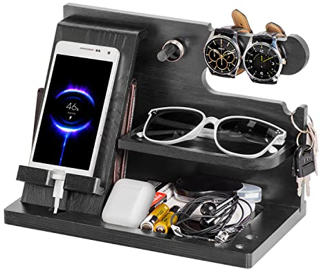 AliveByte Birthday Gifts for Men, Wood Phone Docking Station, Bedside Table Organiser, Gifts for Dad, Mens Gifts for Husband Dad Gifts for Him Anniversary Xmas Presents for Men Nightstand Stand