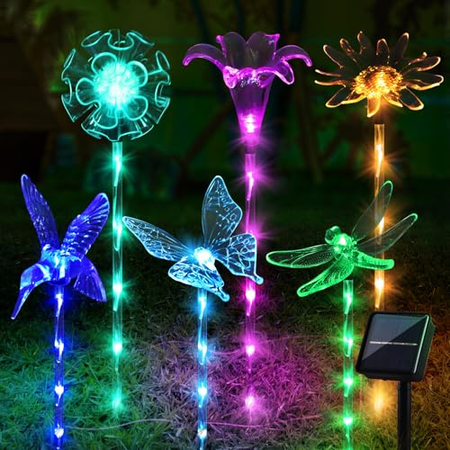 Set of 6 Arcylic Solar Lights for Outside, Solar Powered Garden Decorations, Outdoor Waterproof Pathway Lights for Yard, Patio Plant Pot, Flower Bed (8 Lighting Modes)