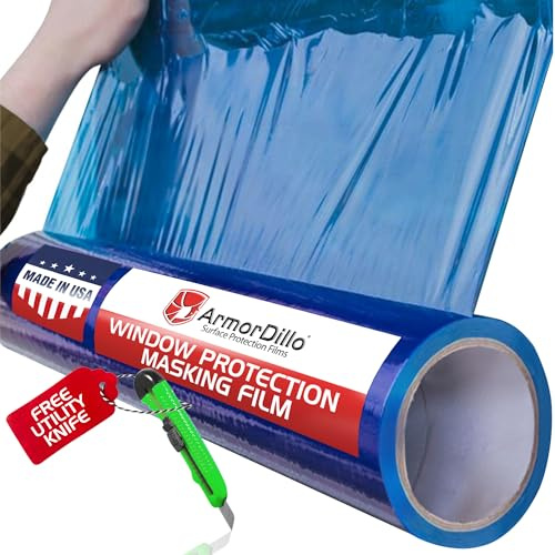 ArmorDillo Blue Window Protection Film, 1 roll- 12 x 200' | Surface Protection Film | Temporary Self-Adhesive Glass Covering, Window Masking Film, 45-Day UV Resistant Construction Wrap