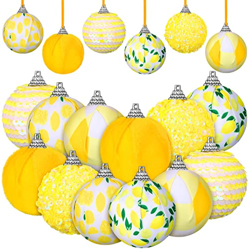 Liliful 12 Pcs Summer Tree Lemon Hanging Ornaments Shiny Sequin Yellow Ball Ornament Cloth Yellow Lemon Decorations for Home Lemon Pendants Baubles Set for Door Wreath Garland Gift Supplies, 1.97 Inch