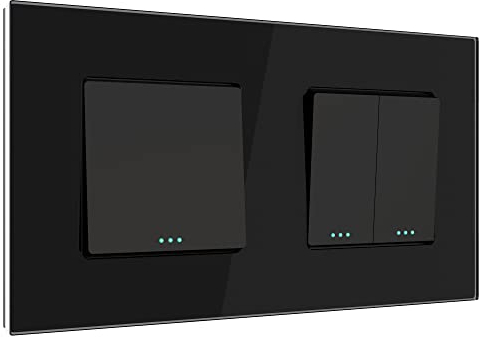 PULSAR Lichtschalter/Doppellichtschalter Unterputz Glas Schwarz 2-fach Serien-Schalter Doppel-Schalter 1 Weg Taste Schalter Wandschalter Ein-Ausschalter/Ein-Ausschalter Doppelt