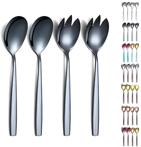 Evanda Ensemble de Couverts à salade noire, ensemble de service de salade en acier inoxydable placage titane noir avec placage noir titane, cuillère à salade, serveurs à salade, paquet de 4