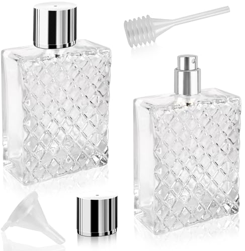 RNHDLY 2 Stücke Parfümzerstäuber 100ml Parfümzerstäuber Nachfüllbar, Parfum Flakon Leer, Reise Parfümzerstäuber, Parfüm Sprühflasche Glas mit Pipetten und Trichter (Silber Deckel)