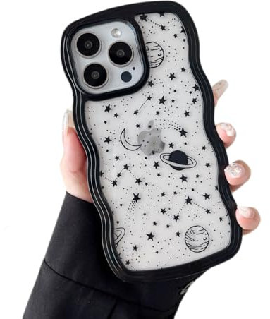 ZTOFERA for iPhone 12 Pro Max Case 6.7 inch,Cute Curly Wave Frame Shape Case with Star Space Pattern, Clear Slim Shockproof Hard PC Bumper Phone Case for iPhone 12 Pro Max, Black