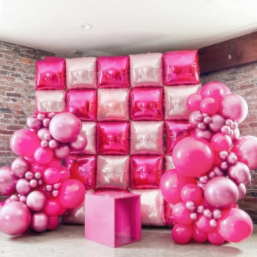 Orgnafey Metallic Magenta Hot Pink Flat Square Foil Balloons Tunnel Arch Wall Mylar Balloon Garland Kit Valentine's Day Bachelorette Birthday Engagement Bridal Wedding Party Background Decorations
