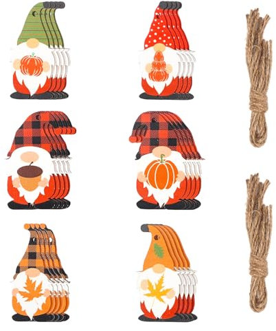 HBell 24pcs Autumn Decorations,Wood Gnome Pendants, Wooden Hanging Tree Ornaments for Harvest Fall Home Decor,Halloween Thanksgiving Christmas Decor