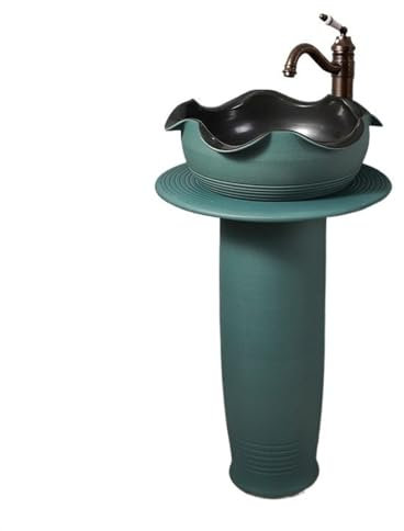 Lavabo de Salle Bassin sur pied à volants, lavabo de salle de bain sur pied en céramique vintage, lavabo sur pied divisé, adapté à une utilisation intérieure et extérieure Lavabo de Salle(Green,004)