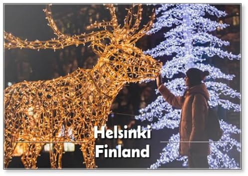 Weihnachtsdeko in den Straßen von Helsinki mit Abendlichtbeleuchtung von Weihnachten in Finnland mit Hirsch aus Lampen im Esplanade Park Design 2 Kühlschrankmagnet