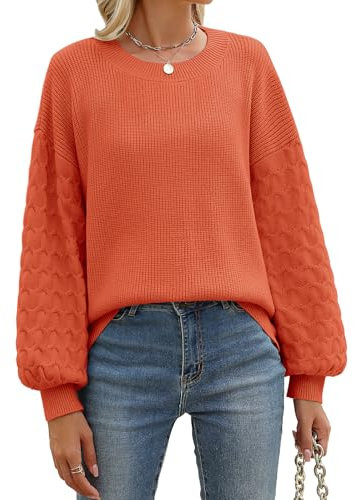 heekpek Maglione Donna Elegante Invernale Sciolto Maglioni Girocollo Maglia Donna Autunnale Intrecciato Pullover con Maniche a Lanterna, Arancione, M