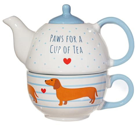 Sass & Belle Tee-Set mit Wursthund, für Teeliebhaber, Teetasse und Teekanne aus der Pet Parent Collection in Blau und Weiß