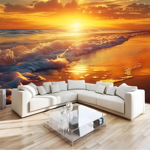 Fototapete 3D Effekt Sonnenuntergang Strand Meer Sand Vliestapete Wohnzimmer Schlafzimmer 350x256 cm Vlies Tapete Art Wandtapete UV-Beständig Wanddekoration Tapete
