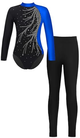 HULIJA Mädchen Turnanzug Langarm Tanz Trikot mit Lang Hose Turnbody Akrobatik Anzug Unitard Jumpsuit Bodysuit Overall Ballettkledung Blau Schwarz 146-152