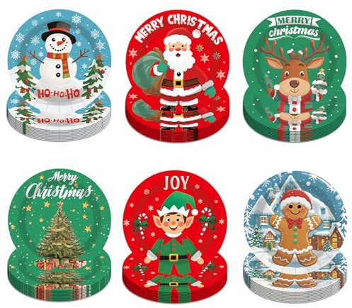 Suffolly Assiette de Noël en Carton, Vaisselle avec 60pcs Assiettes Père Noël Bonhomme de Neige pour Fête, Dîners, Anniversaire (A)