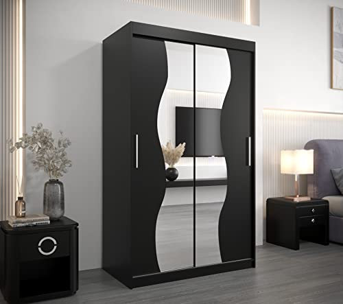 VEGAS S - 2 sliding door wardrobe with Shelves Rail Mirror Colour Black width 120 cm
