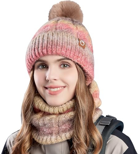 WANYIG Mütze Damen Winter Beanie Schal Set Warm Wintermütze Strickmütze mit Schal Herbst Mütze und Schal set mit bommel/Weichem Fleece Innenfutter(Farbverlauf Dunkel Rosa)