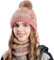 WANYIG Mütze Damen Winter Beanie Schal Set Warm Wintermütze Strickmütze mit Schal Herbst Mütze und Schal set mit bommel/Weichem Fleece Innenfutter(Farbverlauf Dunkel Rosa)