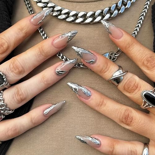24 Stück Silberne Flamme Nägel zum Aufkleben - Glänzende Mandel Kunstnägel mit Flammen-Design, Elegante Press on Nails Acryl Full Cover, Falsche Nägel für Frauen DIY (Silberne Flamme)