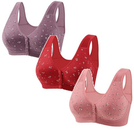 3Pcs Daisy Bras for Older Women Front Fastening Non Wired Sports Bras Women Plus Size Full Coverage Push Up Bra Hides Back Fat Bralettes Front Closure Ladie Bras Wireless Underwear