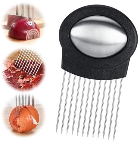 Zikenis Acero Inoxidable Cortador de Cebolla,ayuda de corte de acero inoxidable,Soporte de Ceboll para Cortar Carne,Verduras, Frutas,Cebolla, Patata,Tomate (Negro)