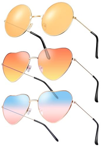 Forbabe 3 Paar Herz Party Brillen, Metallrahmen Herz Sonnenbrille Lustige Sonnenbrille Orange Runde Retro Kostüm Brille Hippie Brille für 60er 70er 80er 90er Party Accessoires - Orange